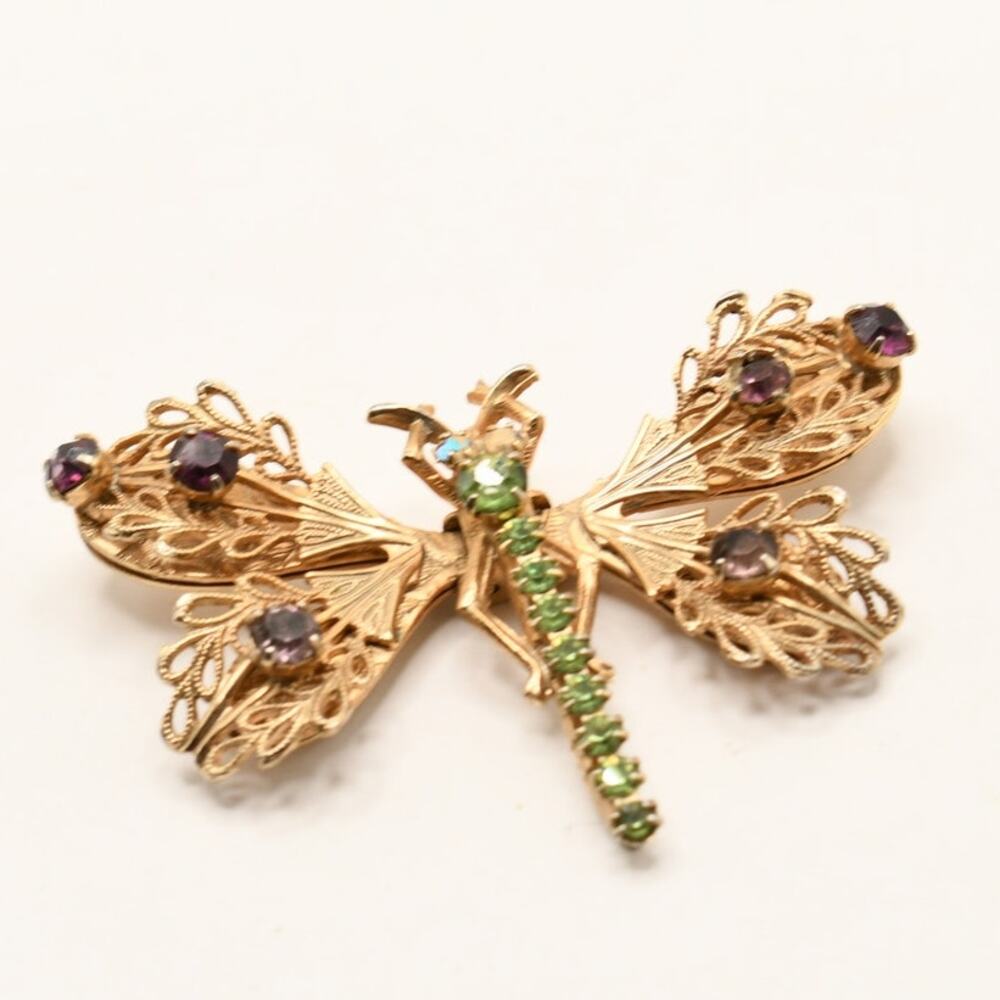 Vintage Marino Articulated Dragonfly Brooch Filigree Rhinestone Gold Tone